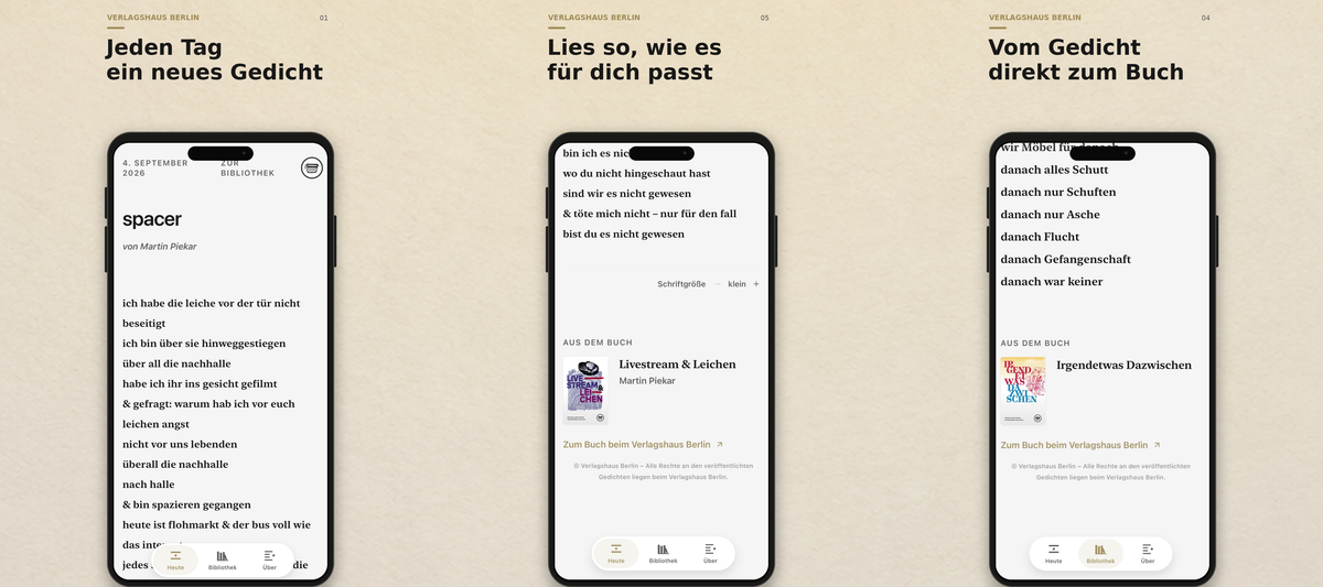 Drei Smartphone-Ansichten der App »poetisiert euch!«: Jeden Tag ein neues Gedicht, Lies so, wie es für dich passt, Vom Gedicht direkt zum Buch